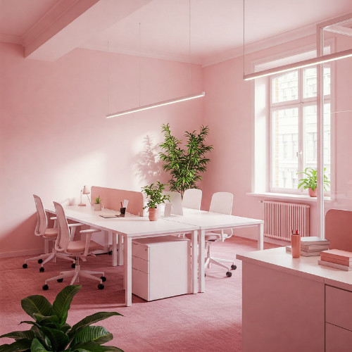 Modern pink office space with desks, chairs, and plants