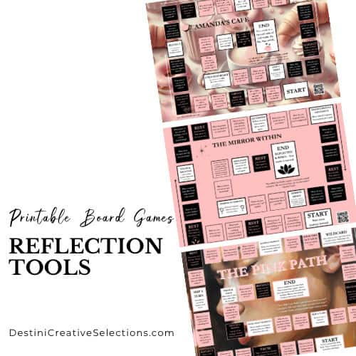 Printable self-reflection board games Amanda’s Café, The Mirror Within, and The Pink Path